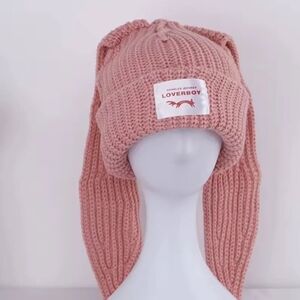 Pink Knitted Beanie with Ear Flaps and Animal-Ear Design ( Fashion Hat )